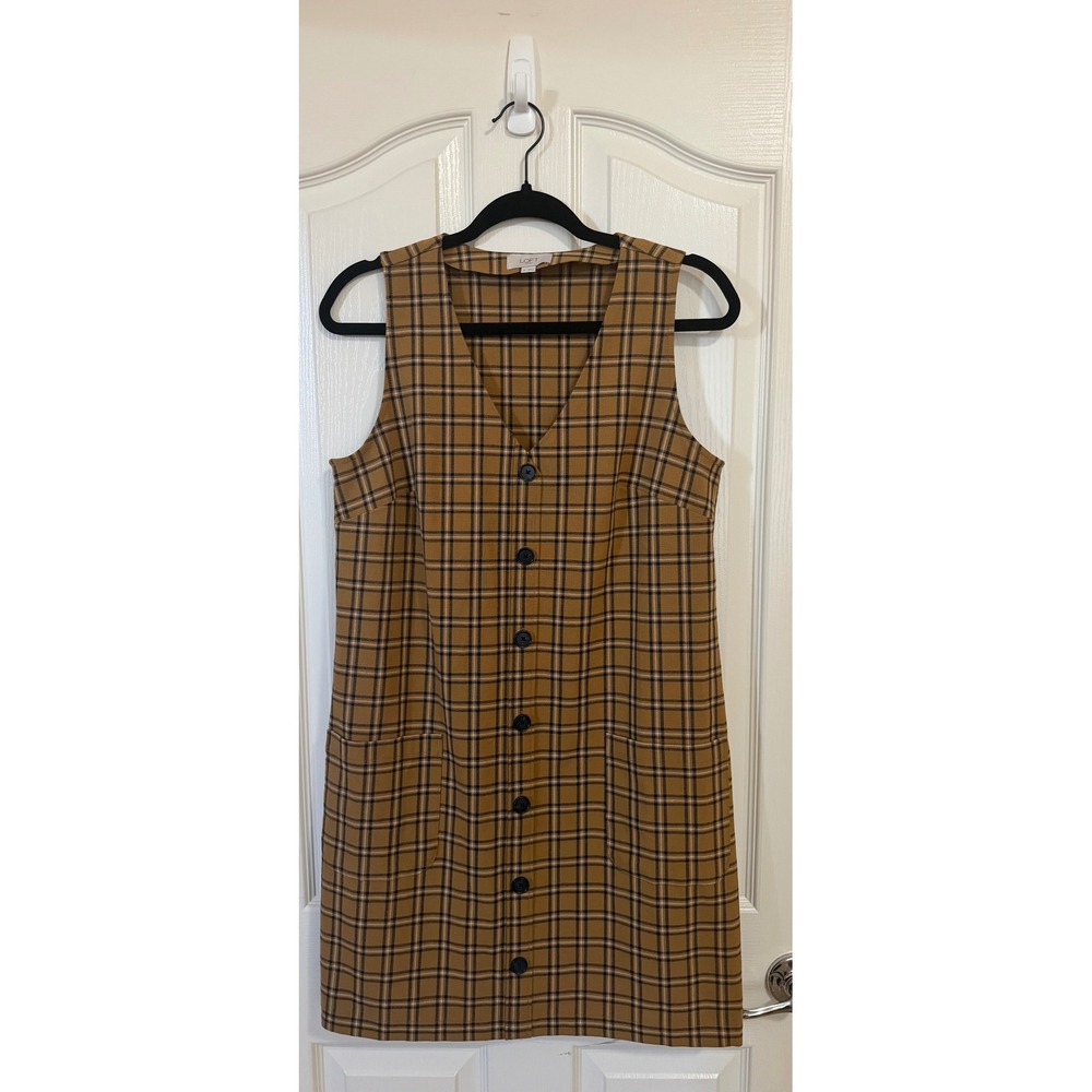 LOFT Outlet Camel Plaid Button Front Preppy Shift Dress Pockets Women's 6 NWOT